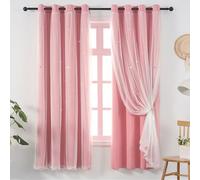 Ftinala Pink Curtains for Girls Room- Aesthetic Star Cutout Blackout Double Layer with Sheer Overlay, 63 Inch Length 2 Panels Kids Bedroom Curtain Cute Nursery Decor Drapes