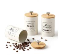FTISSLY Tea Coffee Sugar Canisters, Set of 3 Tea Coffee and Sugar Canisters | for Home, Kitchen Storage Tins Jars, with Airtight Wooden Lids, Decorative Food Caddy Containers, Easy to Open, 740ml