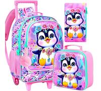 FTJCF 3Pcs Rolling Backpack for Girls, Kids Roller Bookbag Set for Elementary, Unicorn Mermaid Wheeled School Bag with Wheels, Penguin Pink, One Size