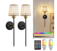 FTL Crystal Rechargeable Wall Sconce Set of Two, Black Battery Powered Wall Lights with Remote, USB Dimmable Cordless Wall Lamp, Battery Operated Wall Lighting for Living Room Hallway, Bulbs Included