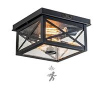 FTL Motion Sensor Ceiling Light Outdoor, Upgraded Dusk to Dawn, Black Flush Mount Porch Light with Seeded Glass, Adjustable Sensor 2-Light Close to Ceiling Light Fixture for Patio, Farmhouse, Garage