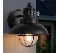 FTL Motion Sensor Outside Wall Light with Seeded Glass, Dusk Till Dawn Outdoor Lighting, Front Door PIR Retro Porch Wall Lantern Barn Light, Black Exterior Security Sensor Sconce for Patio, IP44