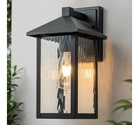 FTL Outdoor Wall Lights Fixture, E27 Exterior Wall Lighting, Modern Outside Porch Light with Water-Rippled Glass, IP44 Waterproof Outdoor Wall Sconce Lanterns for Patio, House, Garage, Matte Black