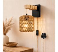 FTL Plug in Rattan Wall Lights with Switch, E27 Boho Indoor Wall Lamp | Black Wall Sconce Lights, Height Adjustable Wood Wall Light Fixture, Switch On/Off, Hardwired for Bedroom, Living Room