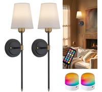 FTL Rechargeable Wall Lights Set of 2 - Black Battery Operated Wall Lights Indoor, Fabric USB Cordless Wall Sconces with Remote and RGB Dimmable Charging Bulbs for Living Room Hallway, Battery Powered