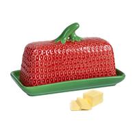 FTNESGYM Butter Dish with Lid, Sweet Strawberry Serving Tray with Cover Kitchen Butter Keeper for Countertop, Ceramic Butter Container, Decor Dinnerware Strawberry Lover's Gift (Red)
