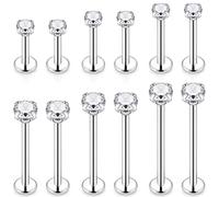 Ftovosyo 12 Pcs 14G 16G Different Sizes Flat Back Stud Stainless Steel Labret Ashley Medusa Monroe Dimples Cheek Studs Piercing for Women Men Bar Length 6-19mm Metal Crystal Cubic Zirconia