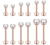 Ftovosyo 12Pcs 14G 16G Different Sizes Flat Back Stud Stainless Steel Labret Ashley Medusa Monroe Dimple Cheek Lip Rings Studs Piercing Jewelry for Women Men Bar Length 6mm19mm, metal crystal,