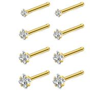 Ftovosyo 8Pcs Nose Rings Studs 14K Gold Filled Surgical Steel L-Shape Nose Rings for Women 1.5/2mm/2.5mm/3mm Cubic Zirconia Nostril Screw Studs Hypoallergenic Nostril Piercing Jewlery 20G 18G, Metal