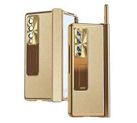 FTRONGRT Case for Samsung Galaxy Z Fold 4 5G, Leather + Electroplating, Two Kinds of Hinges, with Stand, Pen Tray, Screen Film, Lens Film, Anti-Scratch, Anti-Drop Protective Case.Gold