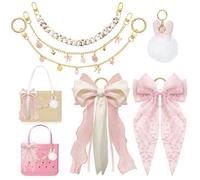 FTTYUBE Tote Bag Charms Kit Bow Pom Pom Pearls for Yeti Camino 20/35/50 Bows Plush Ball Metal Chain for Bogg Tote Bags, M, alloy, no