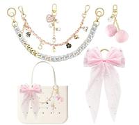 FTTYUBE Tote Bag Charms Kit Bow Pom Pom Pearls for Yeti Camino 20/35/50 Bows Plush Ball Metal Chain for Bogg Tote Bags, M, alloy, no