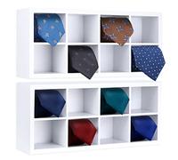 FTUREERA Tie Rack, Bamboo Wall Mounted Tie Box or for Closet Drawer Organizer, 2 Pack 16 Compartments, Storage for Dressing Room, Bedroom, Men Closets - Ties, Belt, Briefs, Socks