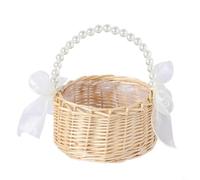 FUANA Brown Plastic Pearl Handled Basket for Flowers, Elegant Woven Floral Carrier for Wedding Ceremonies, Multi-Purpose Home Decor Storage, 6.7x3.7x8.3 Inch(flower basket)
