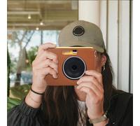 FUANA Leather Camera Bag for KODAK MS300, Compact 14.5 x 13.5 x 6.5 cm Crossbody Case with Protective Padding, Black Earphone Cable