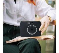 FUANA Leather Camera Bag for KODAK MS300, Compact Crossbody Case with Protective Padding, 14.5 x 13.5 x 6.5 cm, Black Earphone Cable