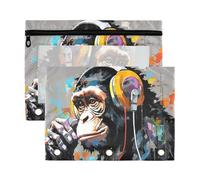 Fuauuyl A Monkey with Headphones Pencil Pouch for 3 Ring Binder Clear Window Pencil Case for Binder Pencil Bags with Zipper -2 Pack