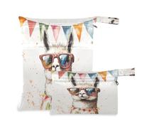 Fuauuyl Alpaca Wearing Sunglasses Baby Cloth Diaper Bags, Waterproof Wet Dry Bag with Zippered Compartments for Beach Gym Pool Travel - 11.8 x 14.2in
