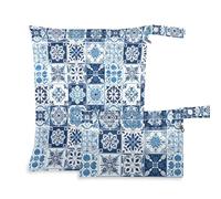 Fuauuyl Baby Cloth Diaper Bags, Waterproof Wet Dry Bag with Zippered Compartments for Beach Gym Pool Travel-（Blue Vintage Tiles）