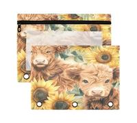 Fuauuyl Highland Cow and Sunflowers Pencil Pouch for 3 Ring Binder Clear Window Pencil Case for Binder Pencil Bags with Zipper -2 Pack
