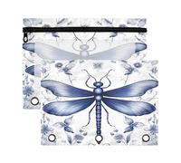 Fuauuyl Indigo Dragonfly Pencil Pouch for 3 Ring Binder Clear Window Pencil Case for Binder Pencil Bags with Zipper -2 Pack