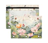 Fuauuyl Lotus Flowers Garden Pencil Pouch for 3 Ring Binder Clear Window Pencil Case for Binder Pencil Bags with Zipper -2 Pack