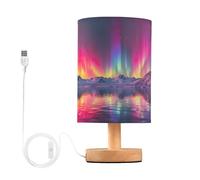 Fuauuyl Northern Lights Table Lamp with USB Charging Ports Bedside Lamps for Bedroom Lamp with Round Flaxen Fabric Shade for Living Room Dorm Bedroom