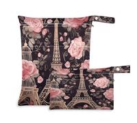Fuauuyl Paris Pattern with Flowers Baby Cloth Diaper Bags, Waterproof Wet Dry Bag with Zippered Compartments for Beach Gym Pool Travel - 11.8 x 14.2in
