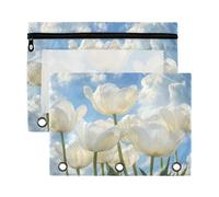 Fuauuyl Tulip Flowers White Clouds Pencil Pouch for 3 Ring Binder Clear Window Pencil Case for Binder Pencil Bags with Zipper -2 Pack