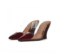 Fuazuzu Clear Love Heart Women's Wedge Sandals Slip On Pointed Toe High Heels Minimalist Transparent Strap Mule Heels for Party Prom Simple Fashion, Burgundy, 7.5 UK