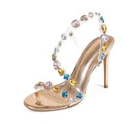 Fuazuzu Rhinestone Wrap-Around High Heels for Women, Sparkly Embellished Crystal Clear Strappy Sandals, 4-Inch Open Toe Stiletto Heels, Evening Wedding Party Dressy Shoes, Champagne, 5.5 UK