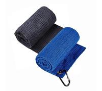 FUBAOLIN 2PCS Golf Towel Tri-fold Waffle Towels Microfiber Fabric with Carabiner Clip for Hanging on Golf Club Bag, Yoga Camping Gym 30x30cm(Black+Bule)…