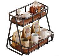FUBESK 2 Tier Coffee Mug Holder Stand for Kitchen Counter - Free Standing Cup Rack Organizer with Iron Frame & Wood Base - Space Saving Storage for Mugs Kettles - Black Teak 32x20x24.5cm(Large)
