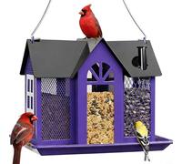 FUBESK Metal Solar Bird Feeder House with Hanging, Squirrel Proof Waterproof, Dual Function Day Feeder and Night Light with Drainage and Ventilation Holes, Attracts Cardinals and Finches(purple)