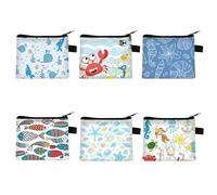 Fubuuf Sea Animal Purse Women's Set of 6 Small Purses Cute Coin Bags with Zip, Mini Purse Portable Coin Purse for Cosmetics, Keys, Cards - Ocean Motifs, Colourful, 13.5*11cm, Modern