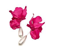 Fuchsia 3D Flower Dangle Earrings with Pearl Drop Bold Vibrant Floral Jewelry Petal Design with Teardrop Pearl Accents Garden for Women