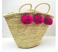 Fuchsia double sided 6 Pom Pom Moroccan Market Shopping Basket - Rope Handles - W48 D18 H30