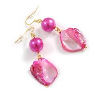 Fuchsia Glass Bead & Irregular Shell Dangle Earrings with 925 Sterling Silver Hooks - 60mm Drop