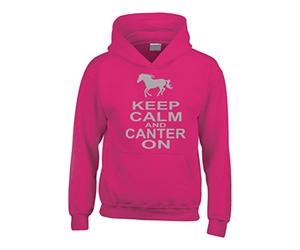 Fuchsia Hoodie with Silver Pearlescent Glitter Print 12-13 Years (34") 'Keep Calm and Canter ON with Horse Image'