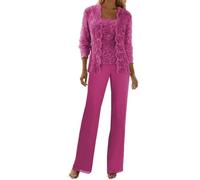 Fuchsia Mother of The Bride Trouser Suits Petite 3 Pieces Chiffon Wedding Outfit for Older Ladies Lace Formal Dress Size 12