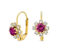 Fuchsia Pink And White Crystal Flower Gold Plated Brass Lever back Drop Earrings For Women Simulated Ruby