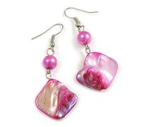 Fuchsia Shell Bead Drop Earrings - 60mm Long