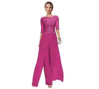 Fuchsia Trouser Suits for Women UK Chiffon Mother of The Bride Dresses 2 Pieces Wedding Outfit for Older Ladies Size 16