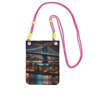 Fuchusia Carry Mobile Phone Bag â€“ New York Manhattan Bridge Night Print Crossbody Purse, Ideal for Outdoor Activities, Commuting, and Shopping