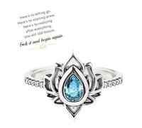 FUCK IT AND BEGIN AGAIN ENGRAVED LOTUS RING, Lotus Flower High Polish Tarnish Resistant Zircon Inlaid Inspirational Ring, Unique Lotus Flower Ring, Jewelry Gifts for Women (Blue,US-8)