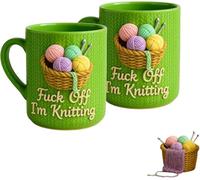 Fuck Off I'm Knitting Mug, 11oz Sarcastic Ceramic Cup with 2D Yarn Basket Design, Funny Coffee Mug Tea Cup, Microwave & Dishwasher Safe, for Home Office Decor (2)