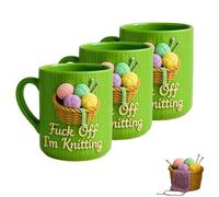 Fuck Off I'm Knitting Mug, 11oz Sarcastic Ceramic Cup with 3D Yarn Basket Design, Microwave & Dishwasher Safe Funny Gift for Knitters Crochet Lovers Crafters & Birthday Gift (3pcs)