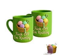 Fuck Off I'm Knitting Mug, 11oz Sarcastic Ceramic Cup with 3D Yarn Basket Design, Microwave & Dishwasher Safe Funny Gift for Knitters Crochet Lovers Crafters & Birthday Gift (2pcs)
