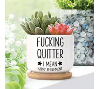 Fucking Quitter I Mean Happy Retirement Planters Ceramic Lettering Saying Round Flower Pot With Drainage Holes And Bamboo Tray Pot For Home Office Decoration
