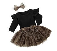 Fucouture Newborn Infant Baby Girls Ribbed Romper Outfits Ruffle Long Sleeve Bodysuit Leopard Print Tulle Skirts Clothes Set Cute Athletic Top Black
